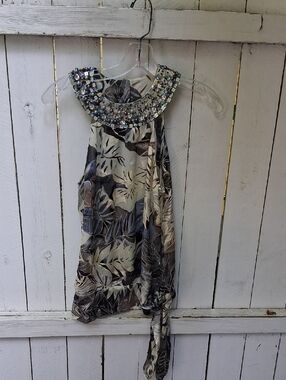 Cache Beaded Halter Top - Neutral Blue Gray